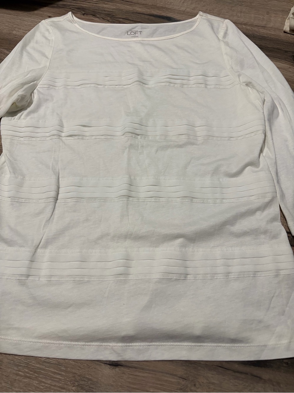 LOFT White Long-Sleeve Pintuck Detail Tee- cotton/modal Med